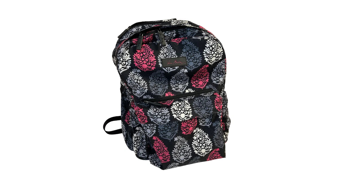 Vera Bradley Canterbury Backpack Black Pink Grey & White Floral Leaf Pattern
