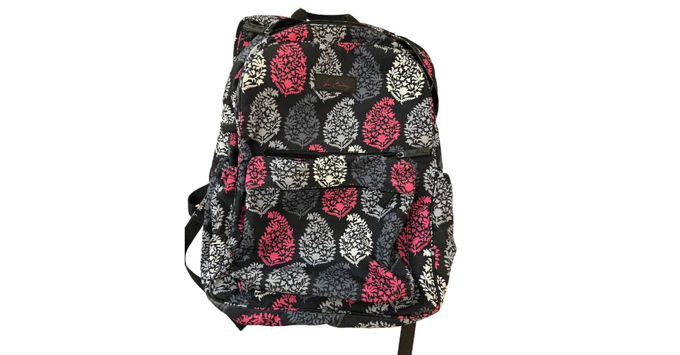 Vera Bradley Canterbury Backpack Black Pink Grey & White Floral Leaf Pattern