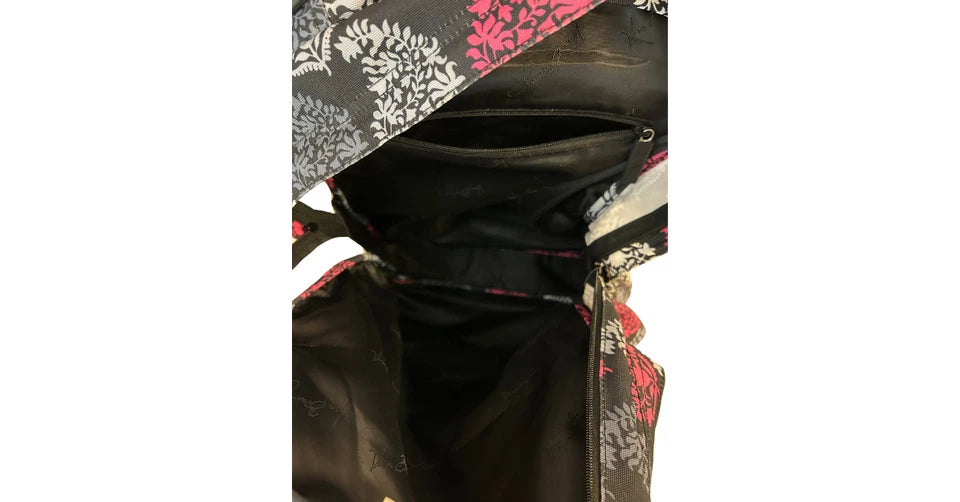 Vera Bradley Canterbury Backpack Black Pink Grey & White Floral Leaf Pattern