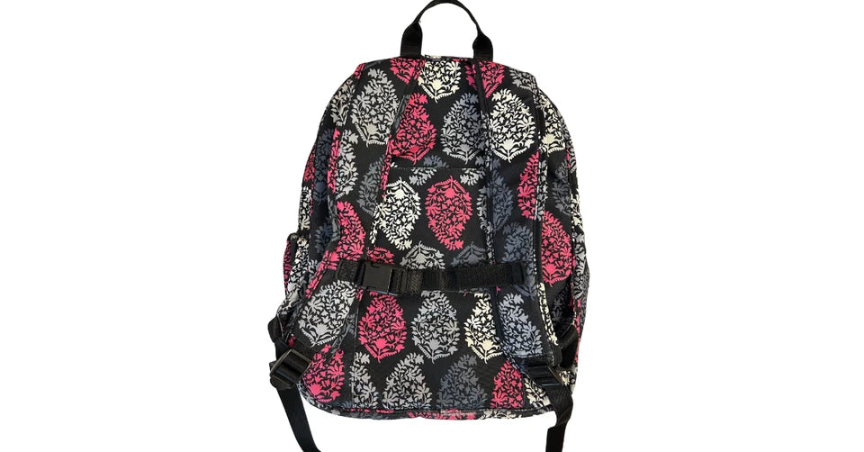 Vera Bradley Canterbury Backpack Black Pink Grey & White Floral Leaf Pattern